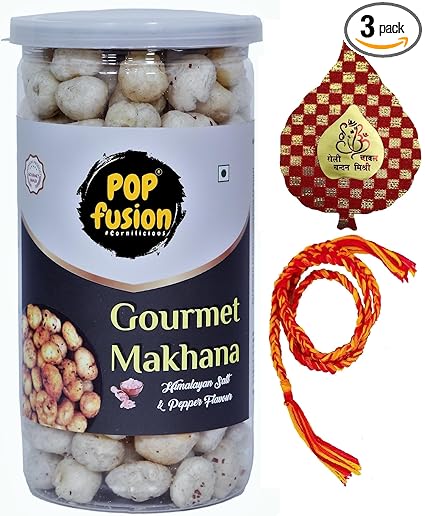 Popfusion Bhai Dooj Gift Pink Salt & Pepper Makhana with Bhai Dooj Silk Thread, Roli, Chawal, Chandan, Mishri in a Special Pack-70g