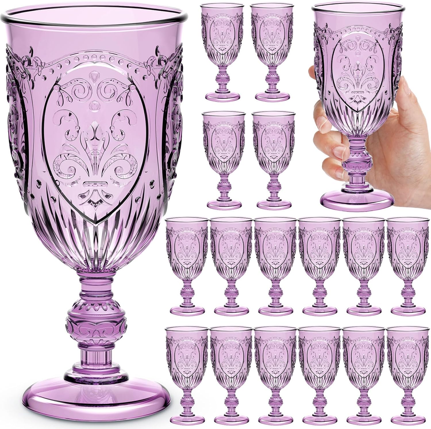 18 Pack Plastic Goblets 10oz Upgrade Vintage Water Goblet Plastic Wine Glasses Colored Retro Embossed Glassware for Party Wine Bar Juice Baby Shower Wedding Reception Grand (Purple)