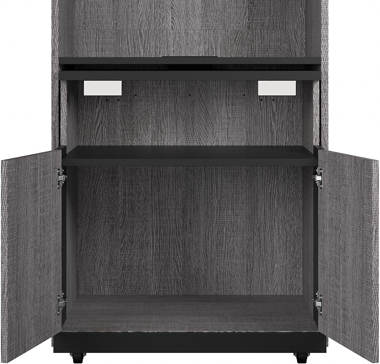 Bestar Orion Tall Storage Cabinet with Doors and Fold-Out Desk, Bedroom Organization, 30W, Bark Grey and Graphite