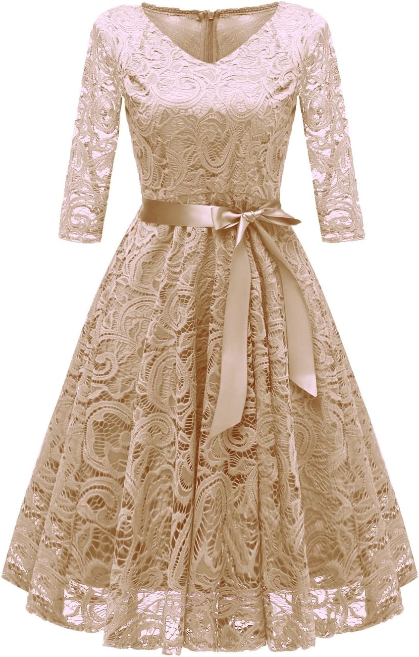 Damen Cocktailkleid Mit Spitze – Retro Swing Kleid, 3/4 Arm, Für Hochzeit & Party