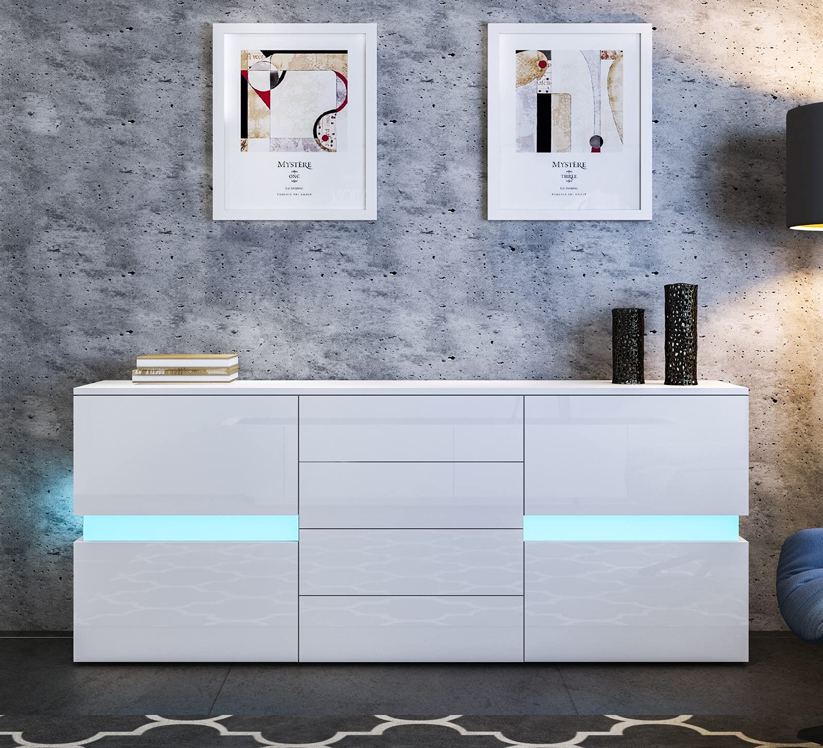 Sideboard Kommode in Hochglanz Weiß Highboard Anrichte Standschrank mit 2 Türen 4 Schubladen und LED Beleuchtung 177 cm