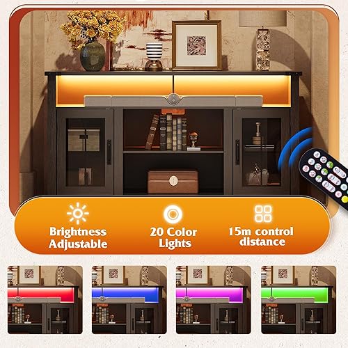 Miniatura 5 de WLIVE Soporte de TV de granja para TV de 65 pulgadas, centro de entretenimiento alto con luces LED y armarios de almacenamiento, mesa consola negro