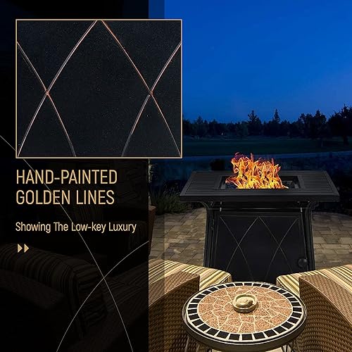 Miniatura 6 de MFSTUDIO Mesa para fogata de gas de 28 pulgadas, 50000 BTU de acero propano a rayas cuadrada con tapa y vidrio azul para patio, patio trasero y