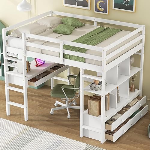 Harper & Bright Designs White Full Loft Bed with Desk and Storage Cabinet, Wood Full Size Loft Beds Frame with Bookcase and Shelves, Modern Full Loft Bed for Kids Teens Adults Boys Girls