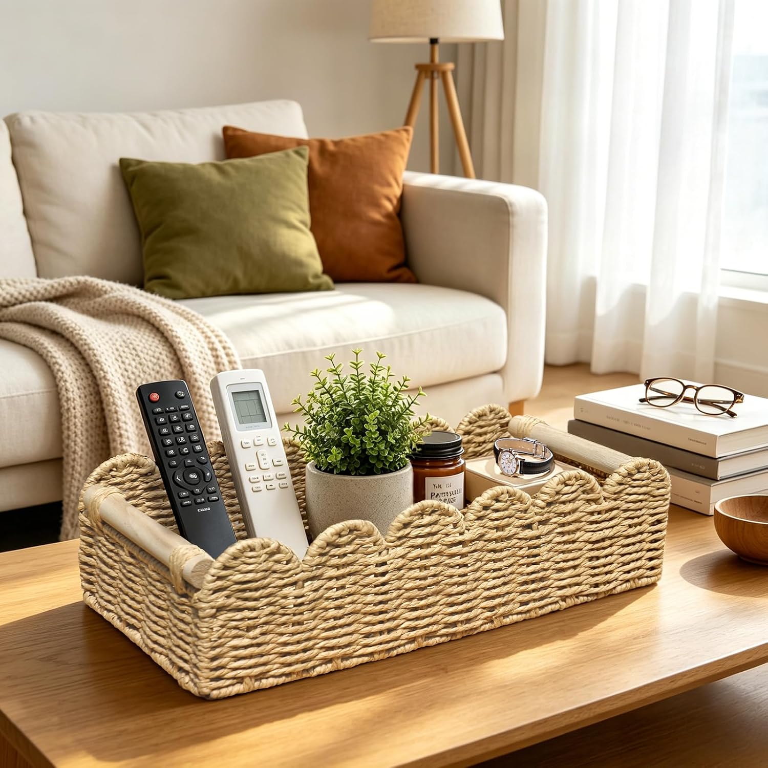 Upgraded Bathroom Basket Organizer,Toilet Tank Paper Storage Baskets,Scalloped Decorative Basket for Countertop w/Handle, Small Wicker Basket for Bathroom Decor, Home Decor, Living Room, Beige L image 5