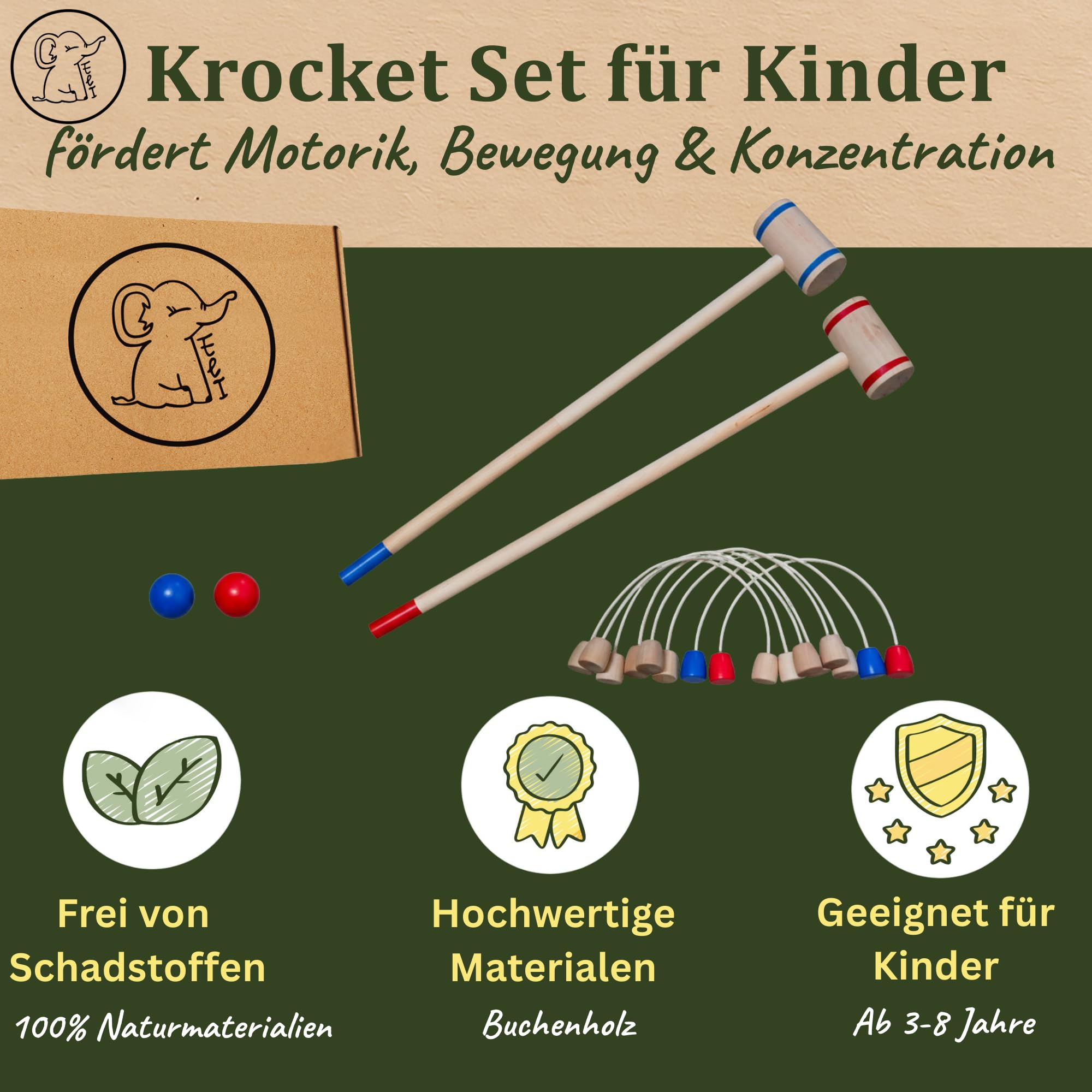 Eli® Jeu de croquet pour enfants avec raquette – Cibles et balles en bois – Kit de crocket pour l'intérieur et l'extérieur – Jouet à partir de 3 ans – Jouet en bois