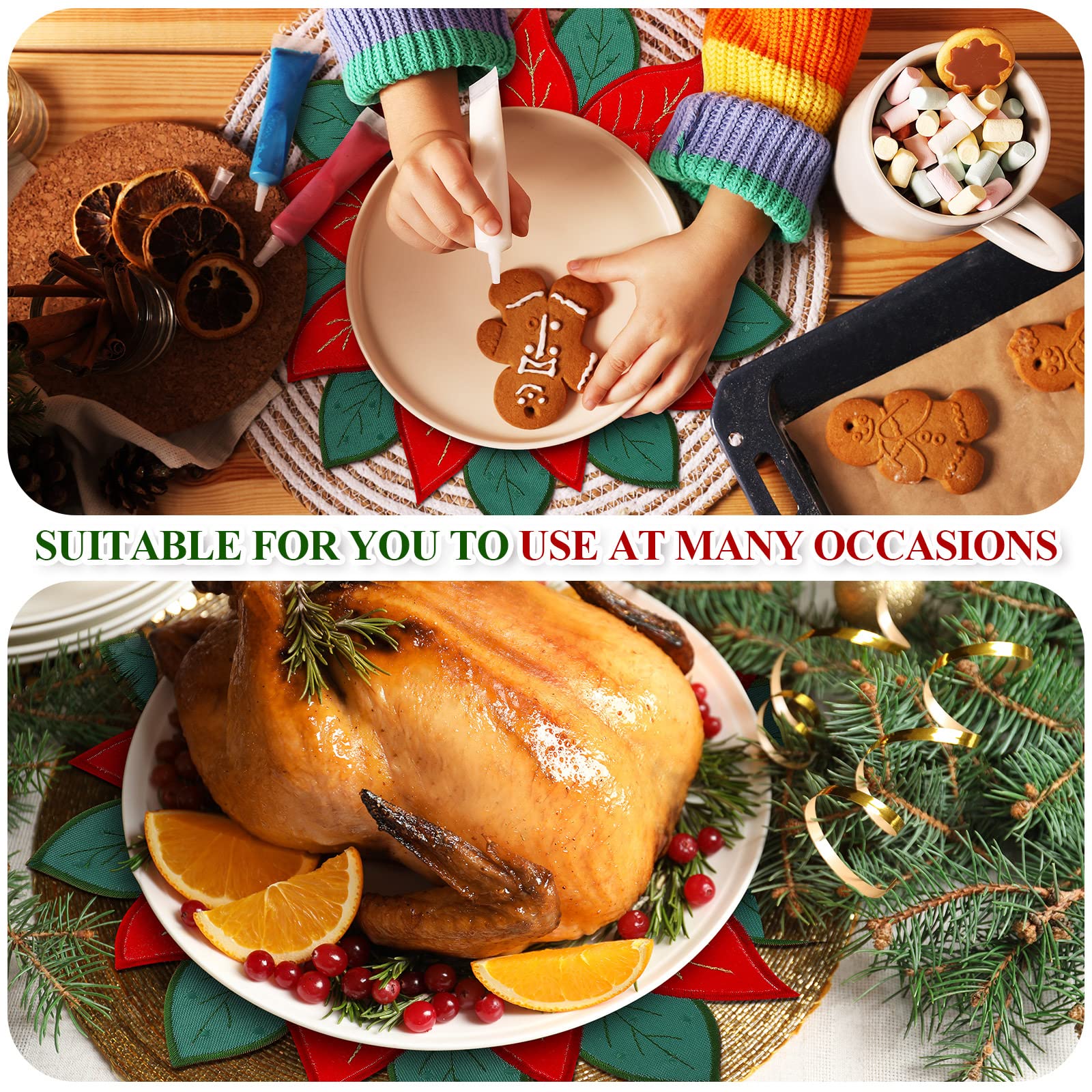 8 Stück Urlaub Weihnachten Platzsets Weihnachten Weihnachtsstern Platzsets bestickt Xmas Runde Blume Deckchen Waschbar Weihnachten Tischsets für Urlaub Essen Party Familie Abendessen Dekorationen, 30