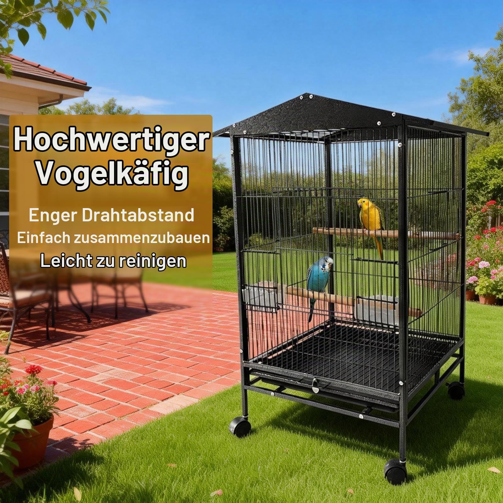 GarveeHome Vogelvoliere Großer Vogelkäfig Mit Rollen, Vogelhaus Mit Holzstangen Und Herausnehmbares Tablett Metall Vogelbauer Käfig Vogel Für Finken Kanarienvögel Wellensittiche, 45x45x84cm