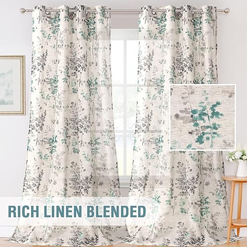 Miniatura 2 de H.VERSAILTEX Cortinas de lino traslúcidas de 95" de largo, cortinas semi-traslúcidas para sala de estardormitorio, impresión floral clásica de época