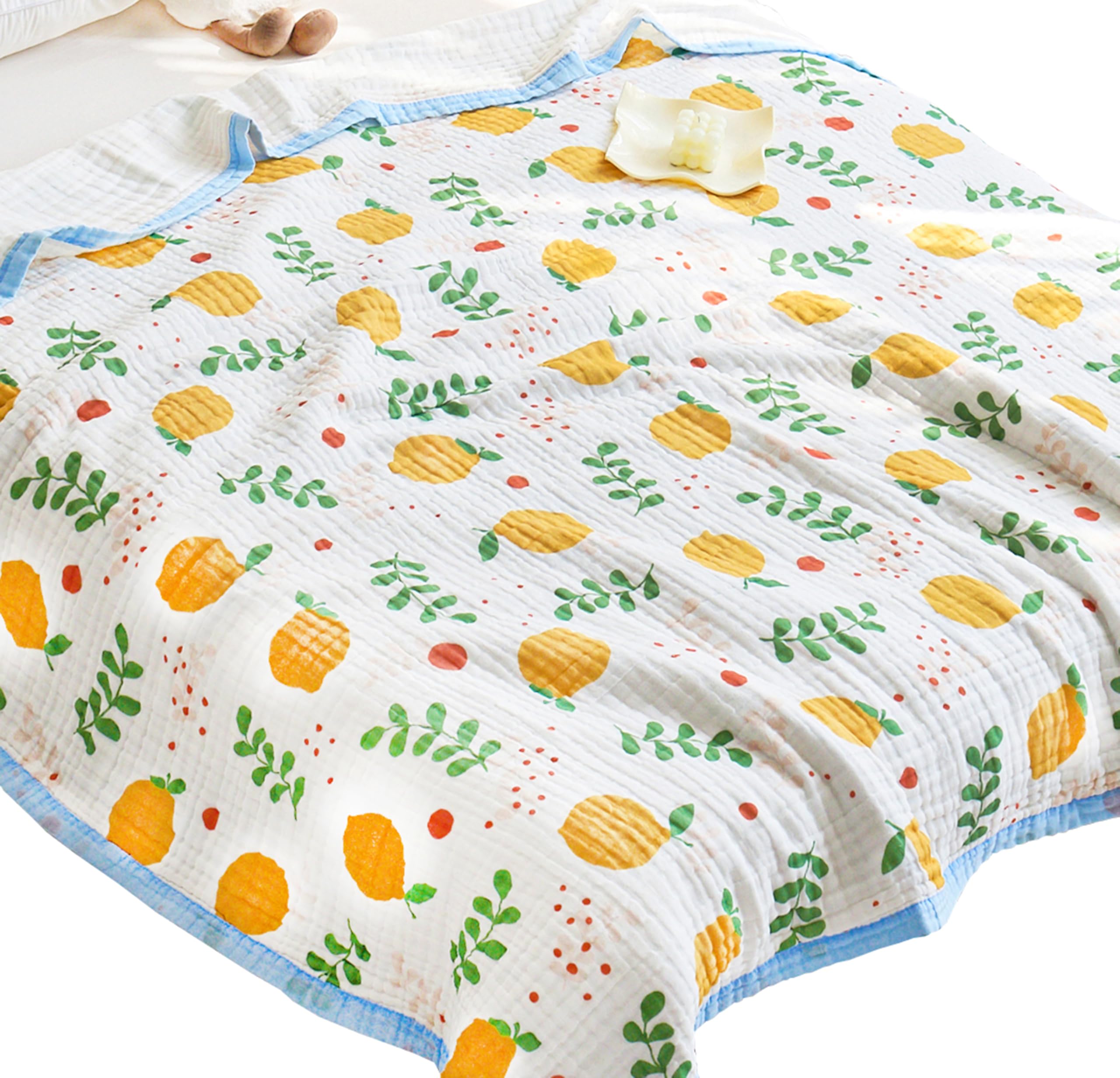 J-pinno Yellow Lemon Fruit Muslin Blanket Reversible 100% Cotton 6 Layer Quilt Bed Blanket Soft Warm Throw Sofa Couch Toddler Kids Cartoon Travel