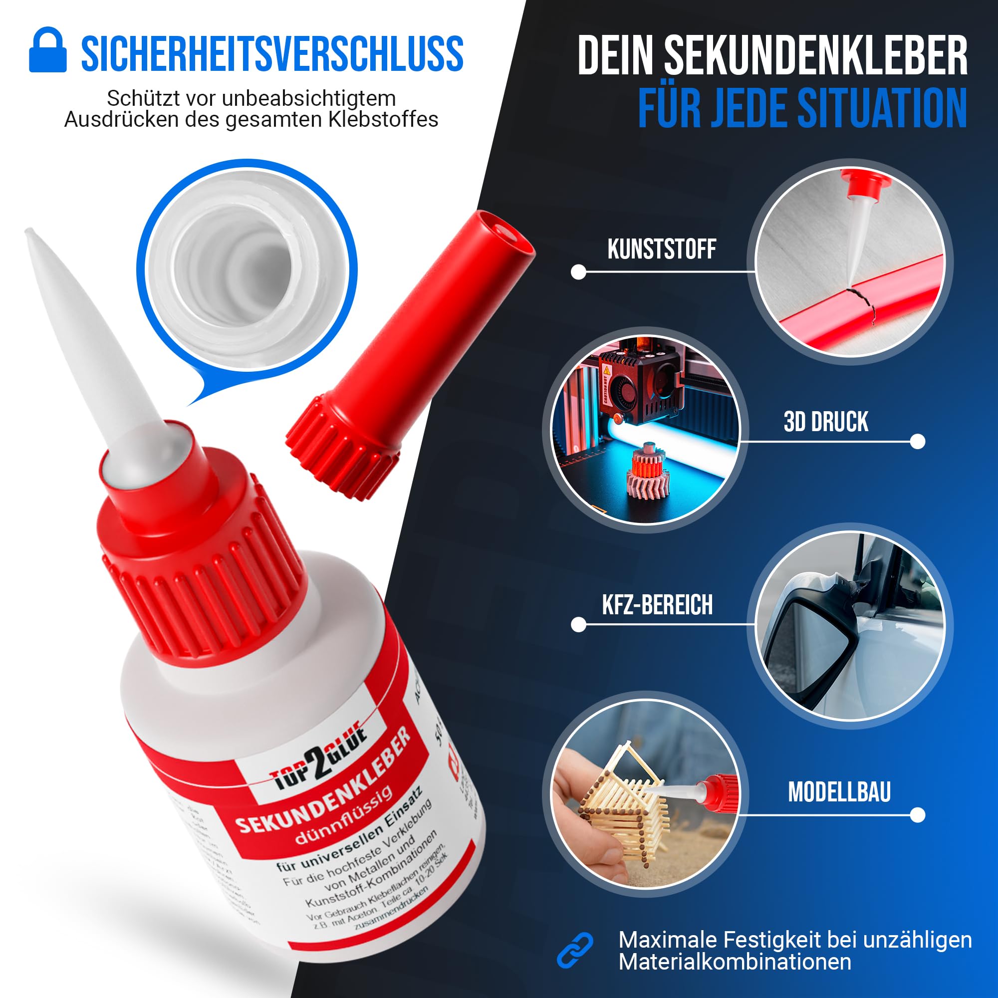 TOP2GLUE Sekundenkleber extra stark dünnflüssig 50g, hitzebeständig + wasserfest,Industriequalität für Handwerk Haushalt Hobby Modellbau Superkleber (20 Flaschen)