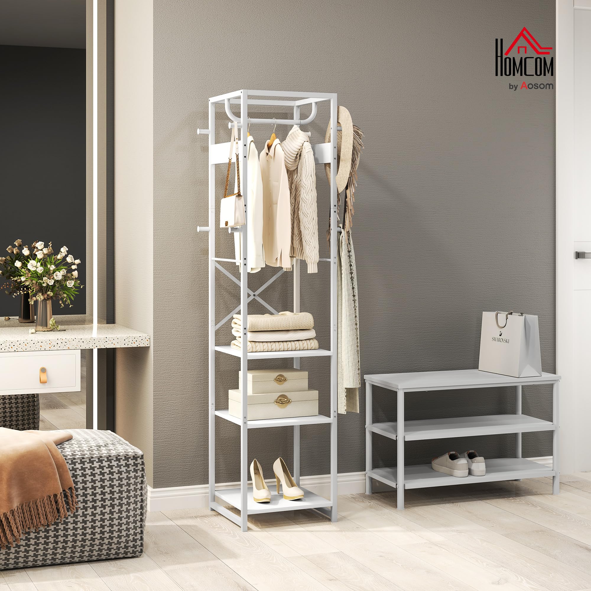HOMCOM Appendiabiti da Terra con 3 Ripiani Aperti e Asta, Mobile Appendiabiti in Acciaio e MDF per Camera da Letto e Ingresso, 38.5x30x170 cm, Bianco