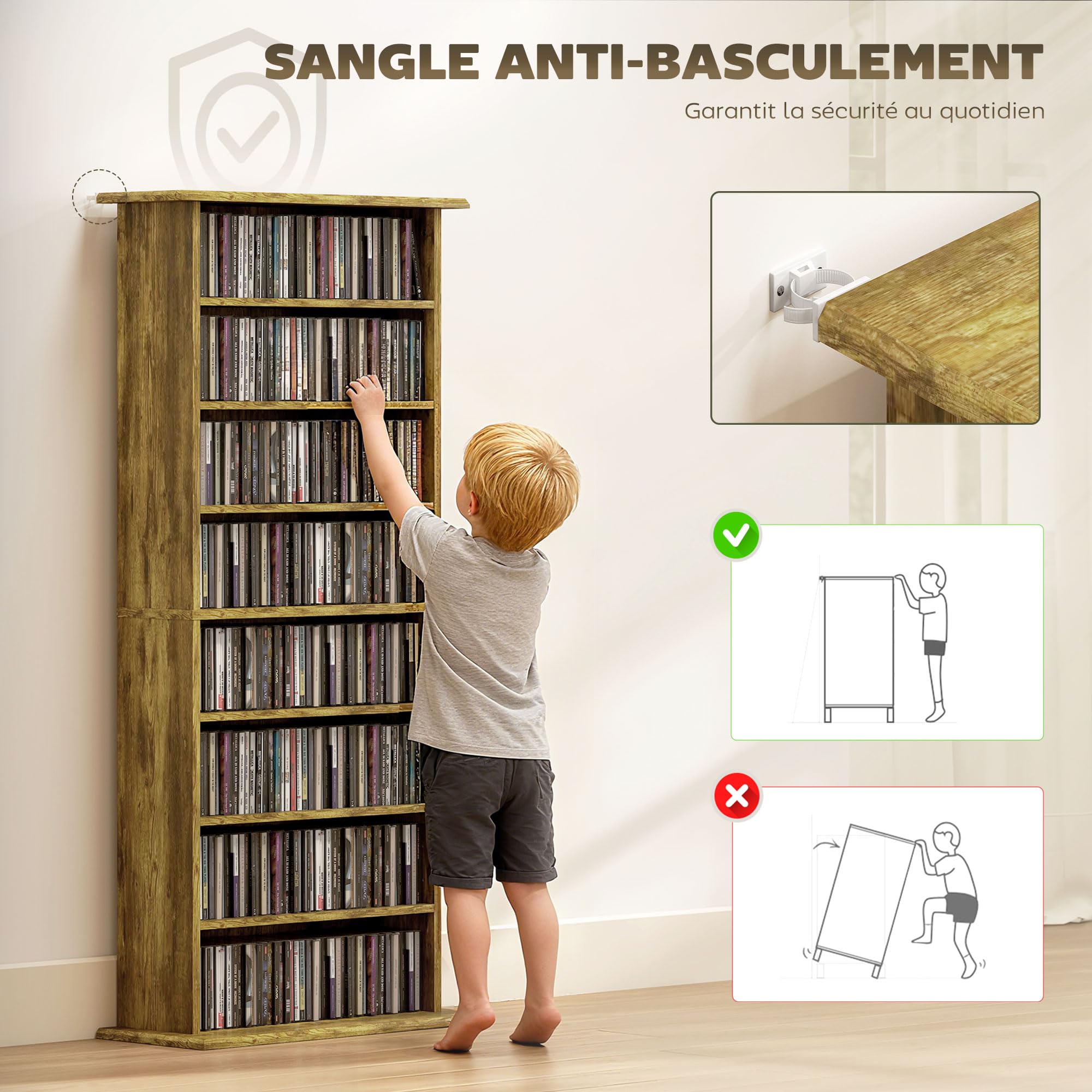 HOMCOM Armadietto per CD e DVD, capacità max. 360 CD/185 DVD e Blu-ray, 8 scomparti e 6 ripiani regolabili, per soggiorno, camera da letto, 58 x 24 x 126,3 cm, marrone