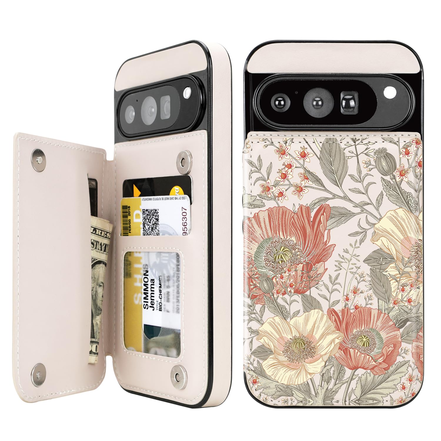 uCOLOR Compatible with Google Pixel 9/9 Pro Wallet Case with Card Holder Slot Folio Flip PU Leather Cover for Women Girls (Pink Vintage Flowers)