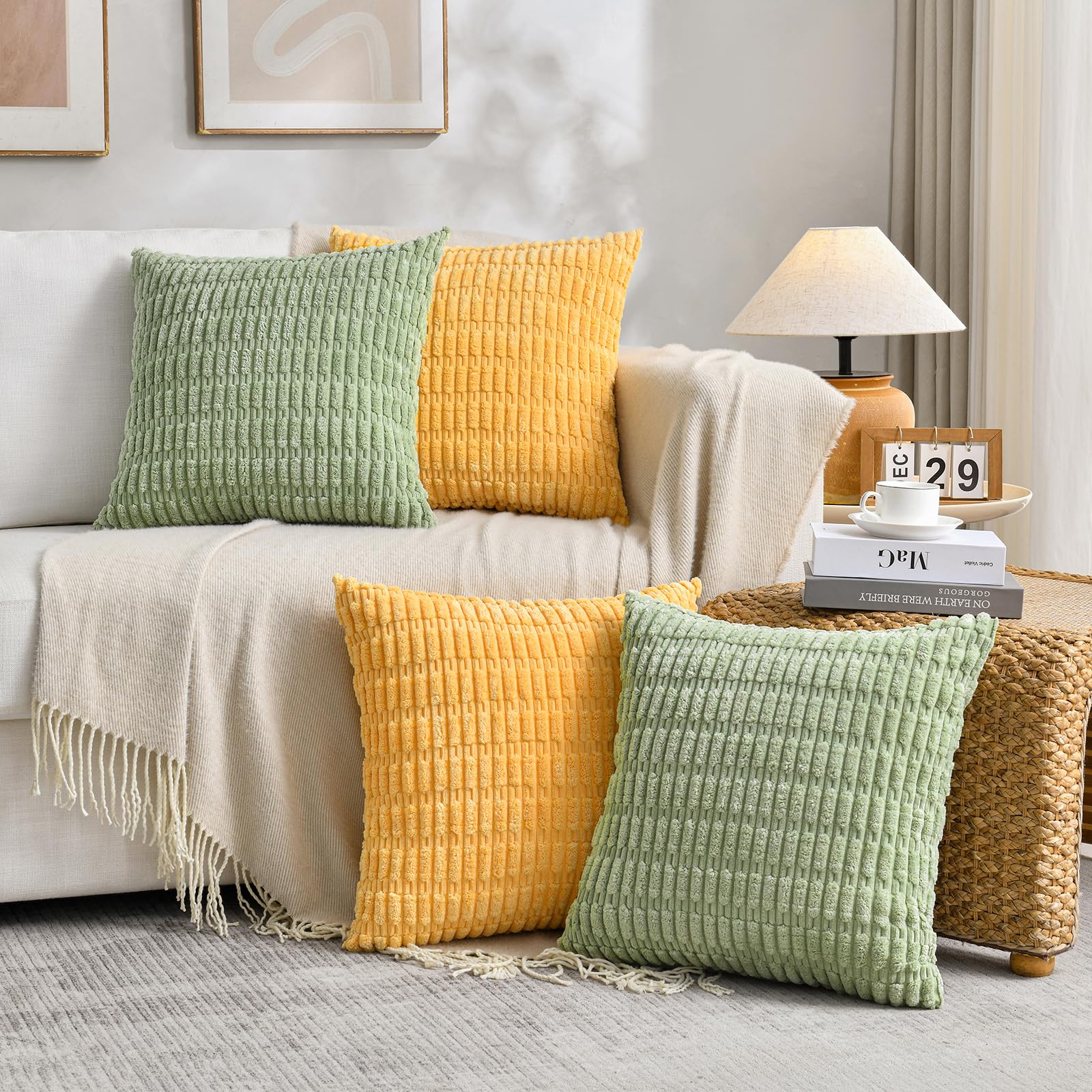 Fancy Homi - Juego de 4 fundas de cojín decorativas para salón, sofá y cama, estilo moderno, rústico y boho, decoración para el hogar, 66 x 66 cm, gama de amarillos