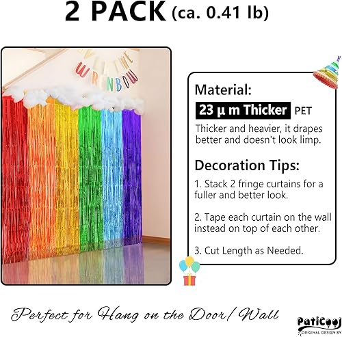 Miniatura 3 de Decoraciones de fiesta del orgullo, serpentinas de arcoíris gruesas, paquete de 2 unidades de 3.2 x 8.2 pies, cortinas de flecos de papel de oropel