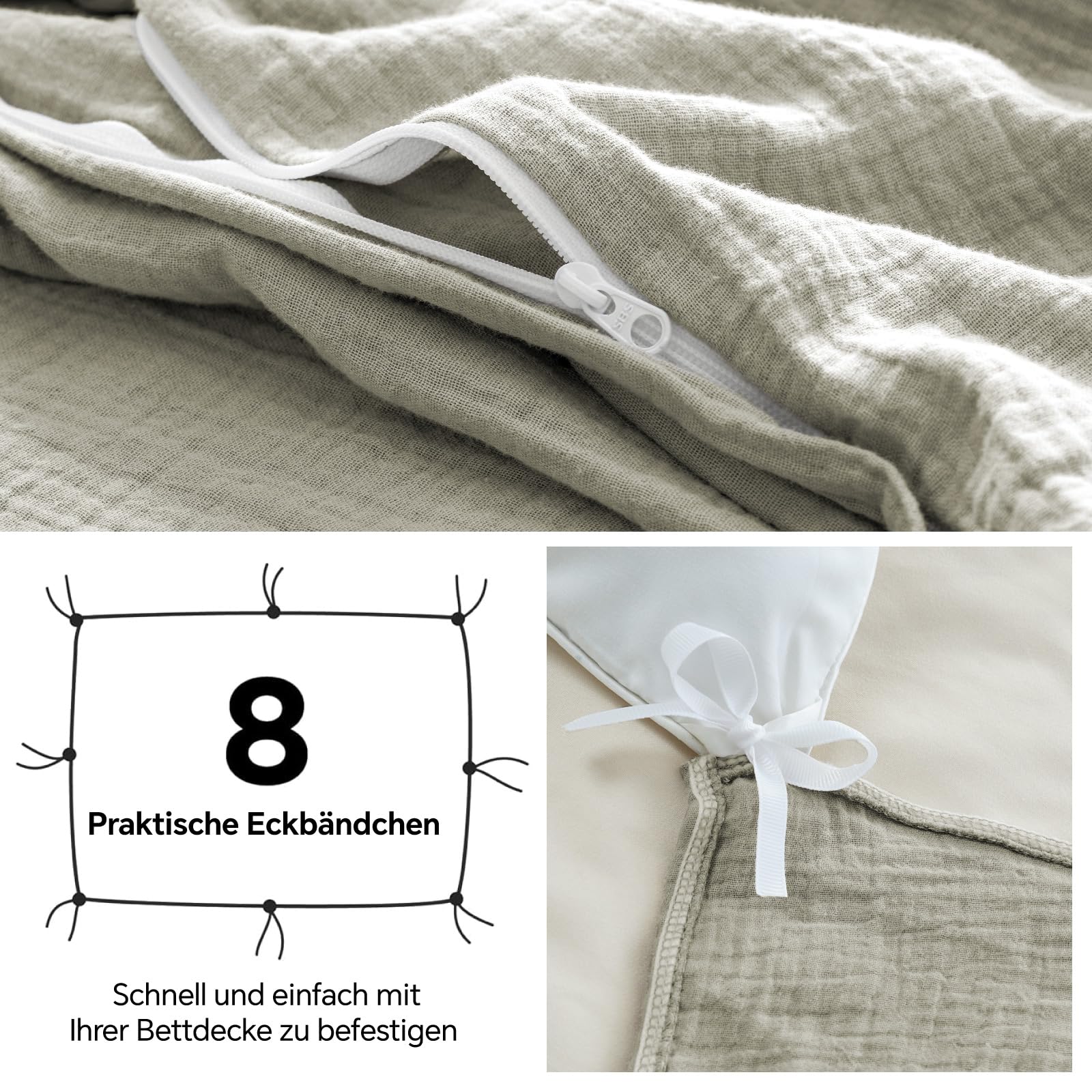 BEDELITE Musselin Bettwäsche 135x200 Baumwolle - ÖKO-TEX Bettwäsche-Sets Sommer Taupe 2teilig mit Reißverschluss, Bettbezug 135x200cm mit Kissenbezug 80x80 cm, weiche und atmungsaktiv