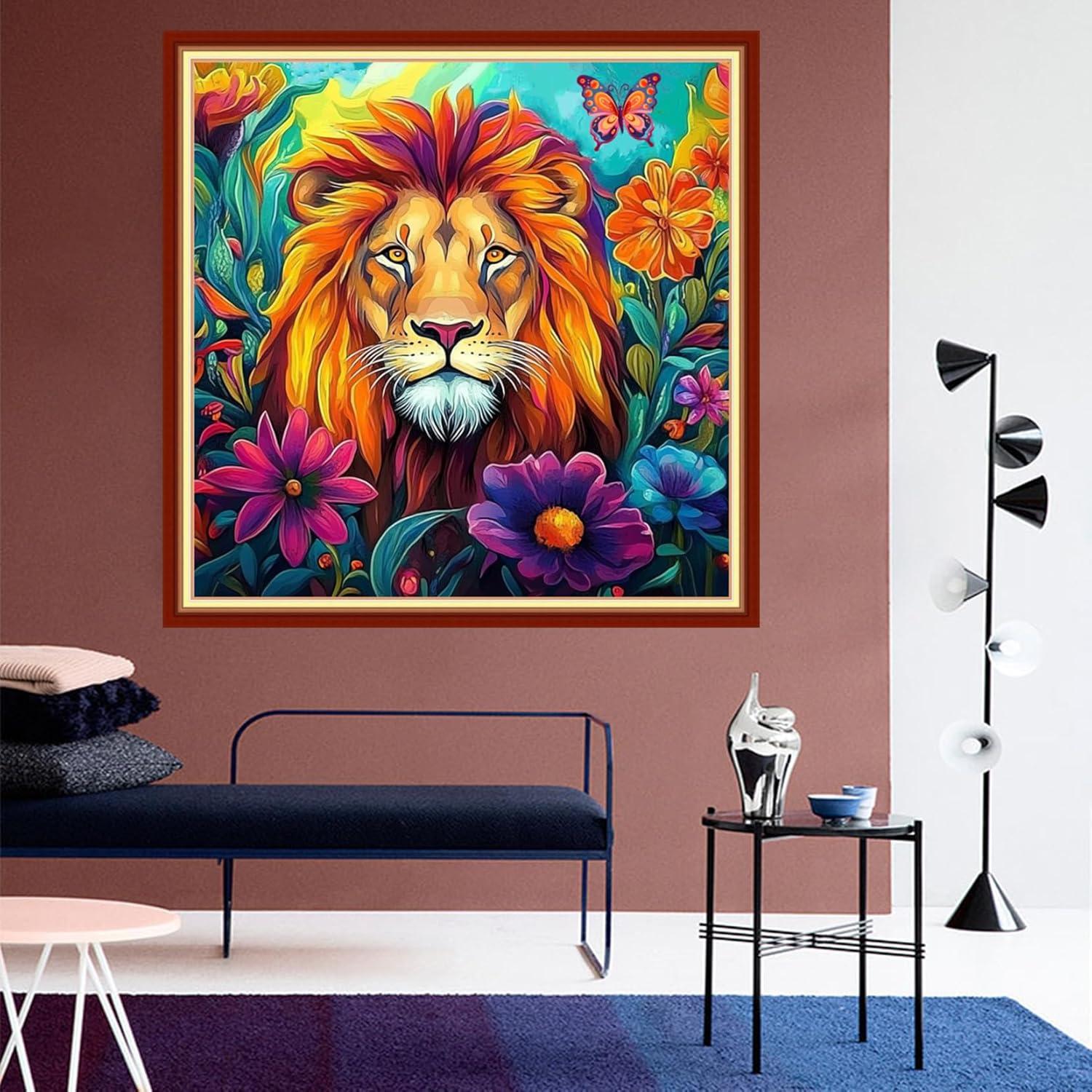 DMCVIVR Stamped Cross Stitch Kits for Beginners Adults Needlepoint Kits for Beginners Embroidery Kits for Adults Crossstitch Kit for Beginners 11CT-Colorful Lion Flowers 18x18 inchs