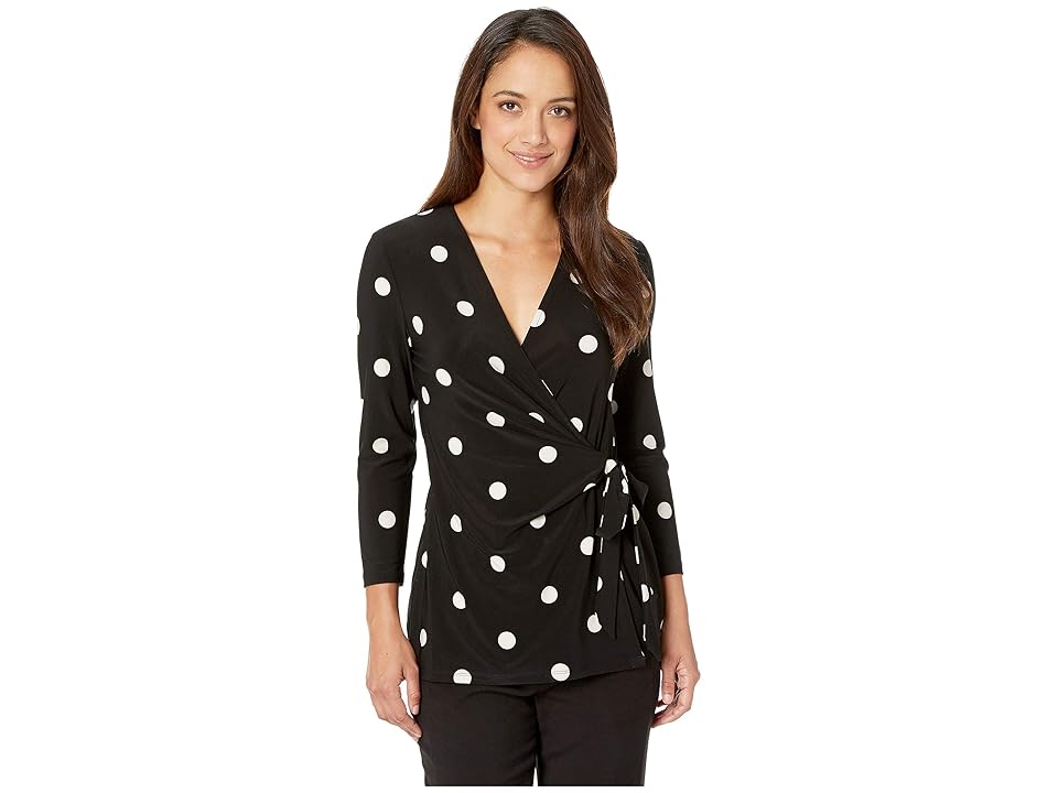 

Anne Klein Medium Dot Print 3/4 Sleeve Wrap Top (Anne Black/Anne White) Women's Clothing