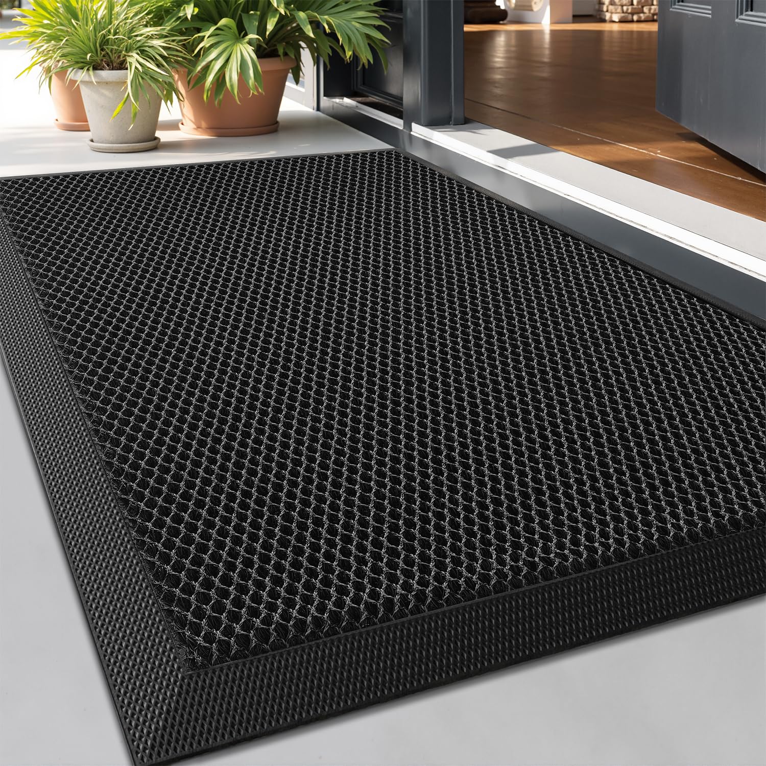LUMI Front Door Mat for Outside Entrance 43 x 76 cm, Heavy-Duty Dirt-Trapping Doormat with Durable Non-Slip Rubber Backing, Stain & Fade-Resistant Entry Mats, Black