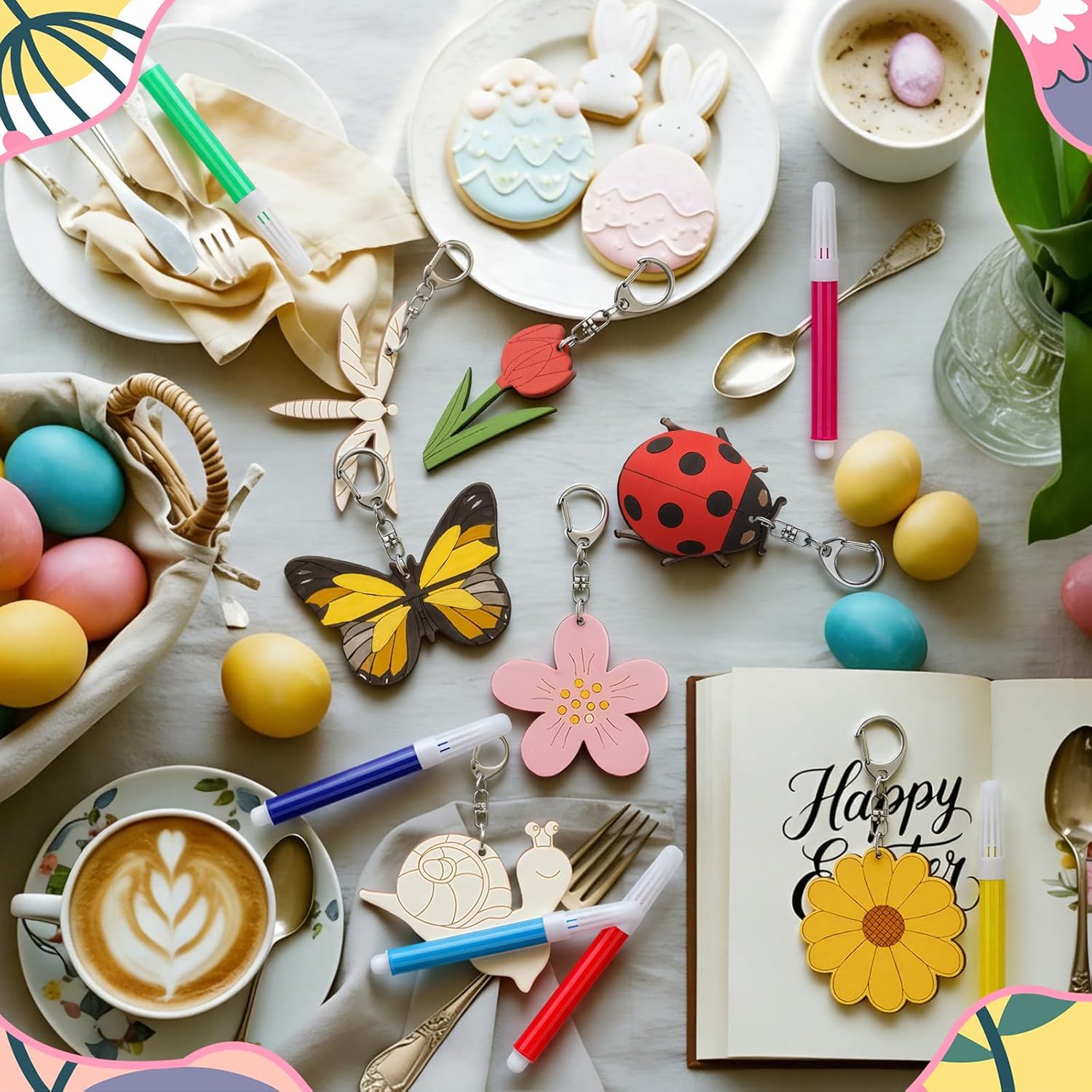 Cunno 96 Pcs Spring Wooden Keychain Crafts - Unfinished Spring Ornaments Set with Keyrings & Markers, DIY Coloring Flower Bees Butterflies Crafts for DIY Gift Party Activities