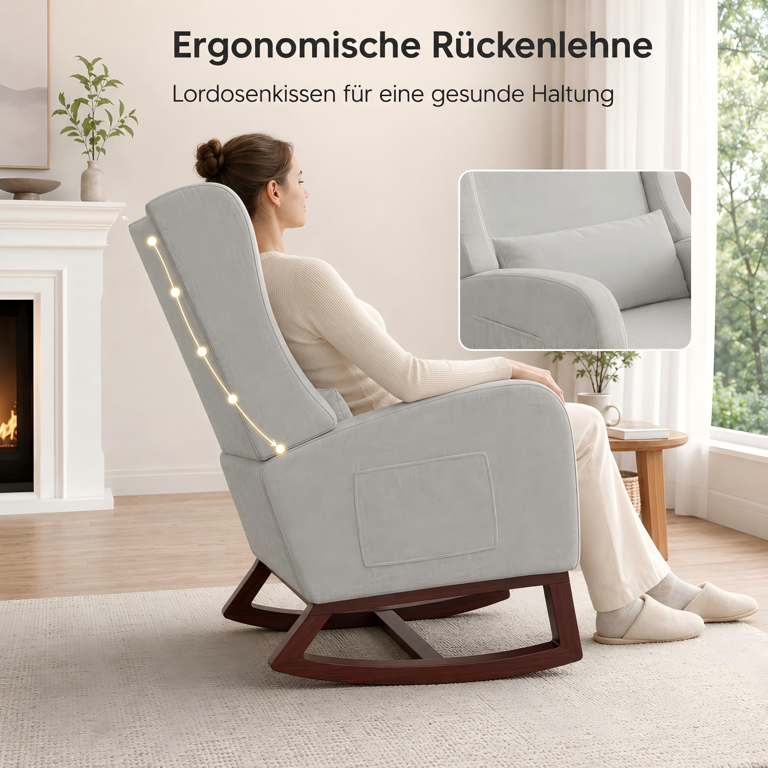 MOTUZP Schaukelstuhl mit Fußstütze, Stillstuhl, Schaukelstuhl, Relaxsessel, Armlehnen, bequem, mattierter Stoff, für Wohnzimmer, Schlafzimmer (Grau + Beinstütze)