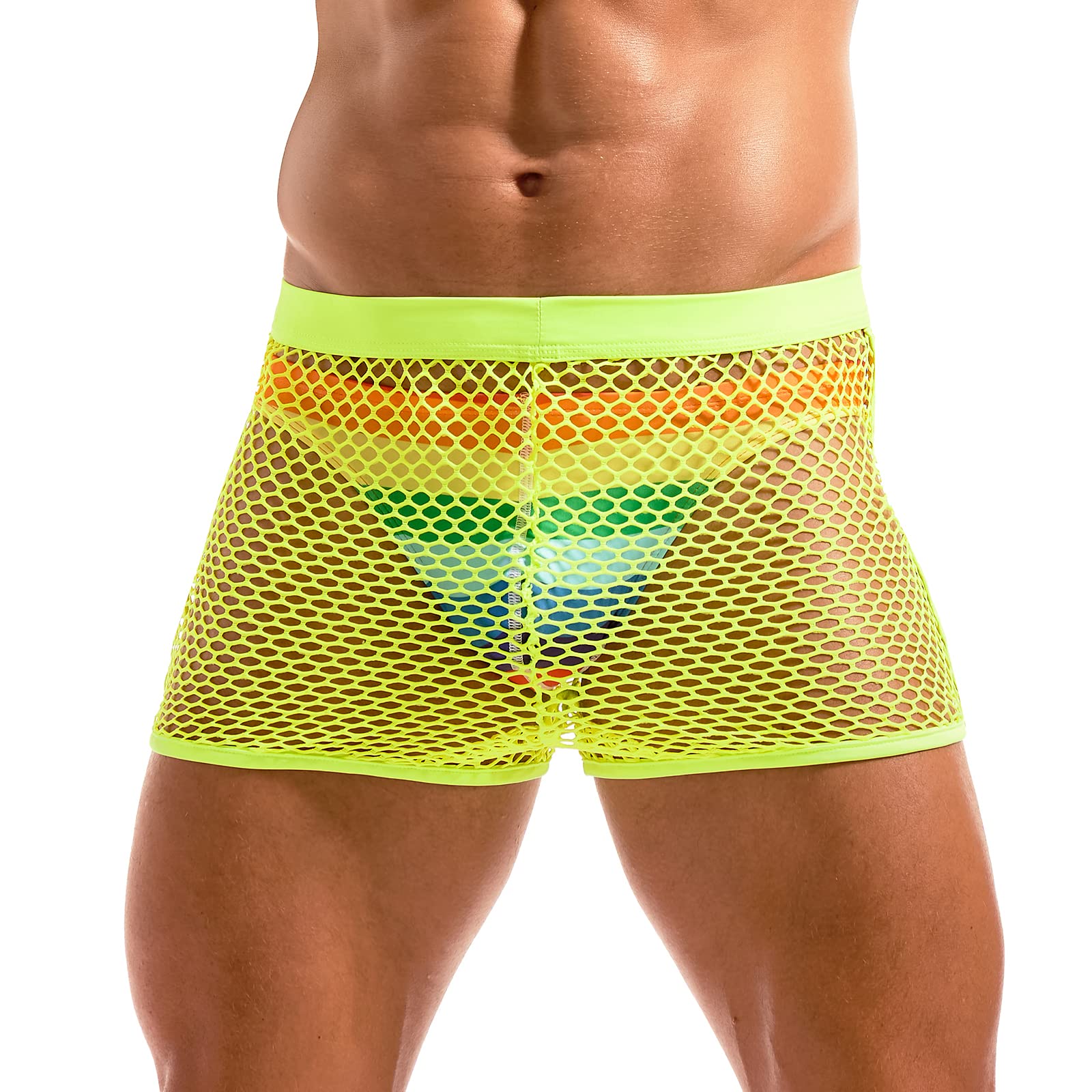 AMY COULEE Mens Fishnet Shorts See Through Openwork Boxers Sexy Mesh Booty Shorts, Green, XL