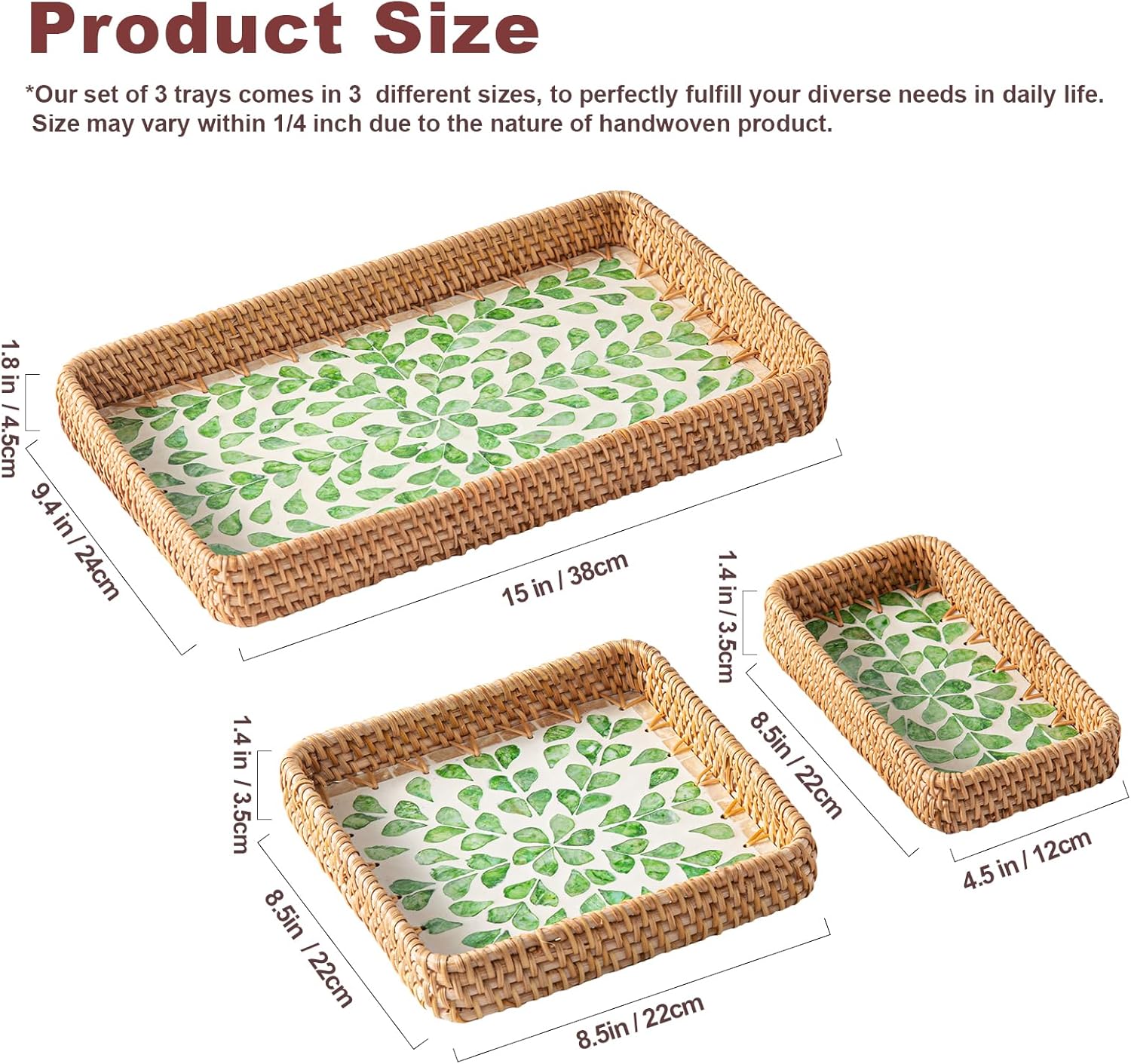 Set of 3 Rectangle Rattan Trays for Decor, Wicker Serving Tray Boho, Hand-Woven from Natural Rattan with Mother of Pearl Inlay, Vintage Woven Decorative Trays for Coffee Table, Bathroom, Dining Table