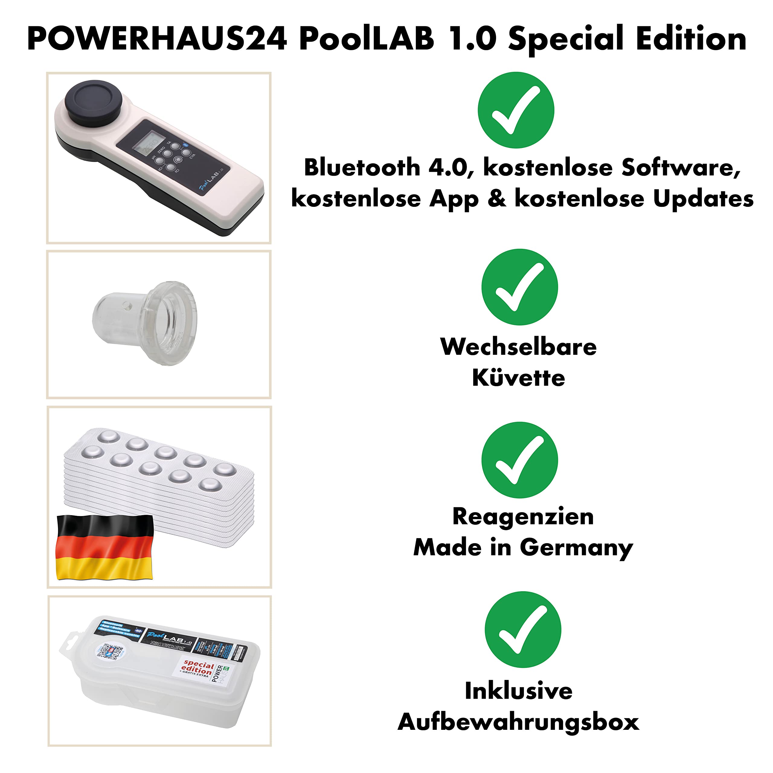 POWERHAUS24 Special Edition: 13 in 1 PoolLAB® 1.0 elektronischer Wassertester mit 70 Testtabletten inkl. Ersatzküvette