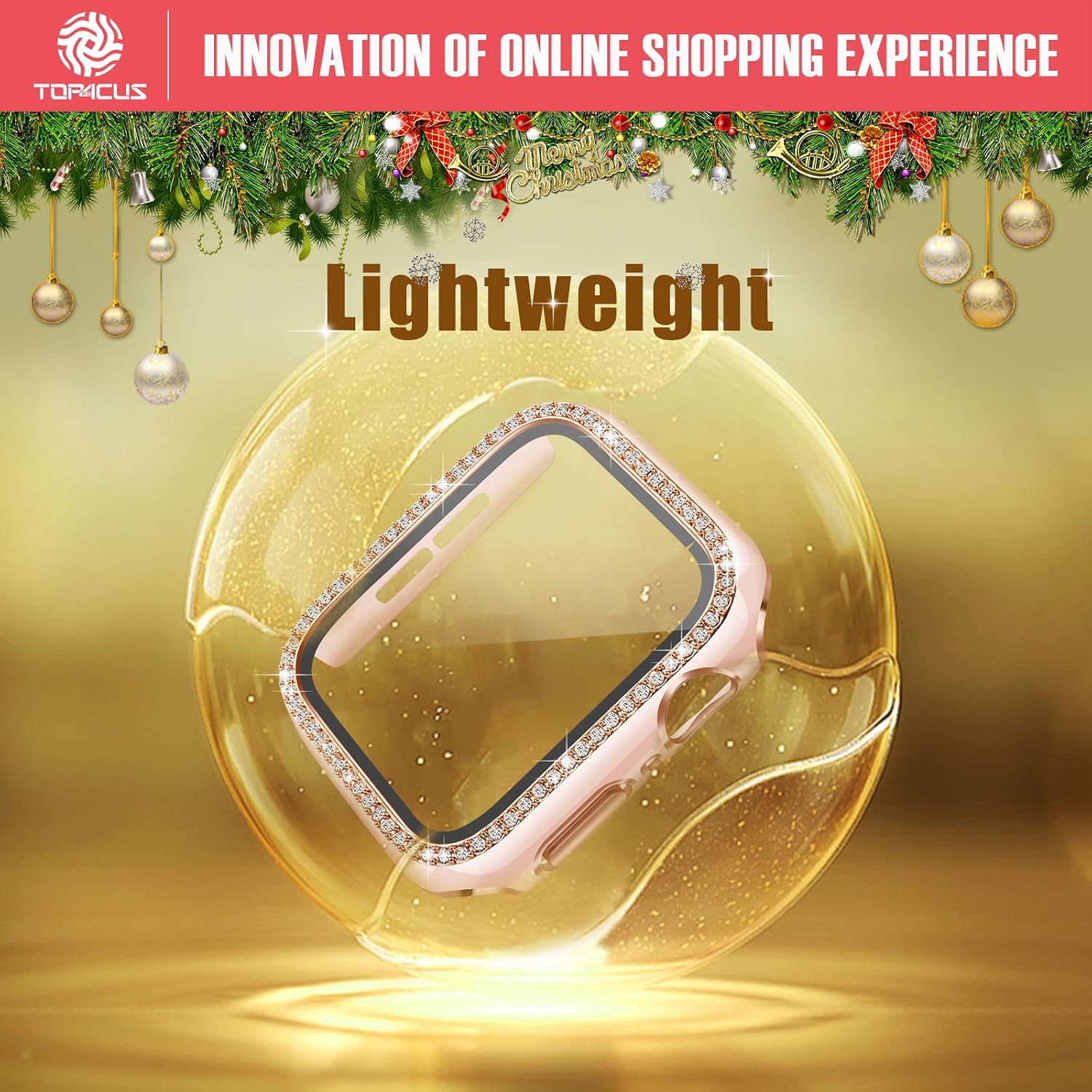top4cus PC Bling Case Compatible with Apple Watch Case 44mm, Crystal Rhinestone Bumper Cover for iWatch Series Se/6/5/4 with Tempered Glass Screen Protector (44mm, Pink + Rose Gold Edge)
