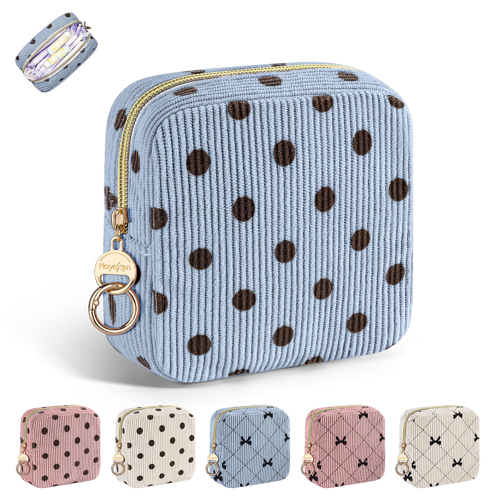 Period Bag for Teen Girls, Corduroy Cute Sanitary Napkin Storage Bag, Menstrual Pad Pouches Tampon Holder for Purse (Blue-Polka Dots)