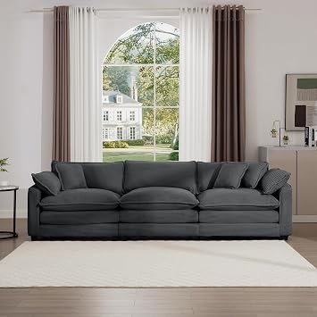 mikibama Luxury Modular Sectional Sofa, 114.5 Inch Modern Corduroy Comfy Cloud Couches for Living Room Office, 3 Seater Deep Sofa with 2 Armrest Pillows and 3 Toss Pillows, Grey