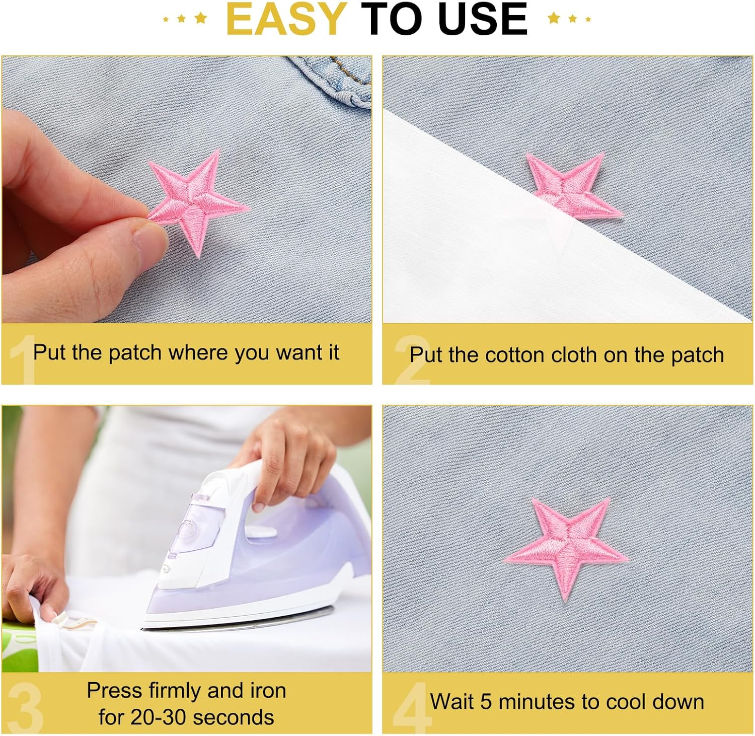 MECCANIXITY 33 Pcs 5Star Patches Iron on Patches, Yellow Sew Embroidered Patches Appliques Embellishments 1.1IN Repair Patch for DIY Garment Craft Backpack Clothes Gift Decorations