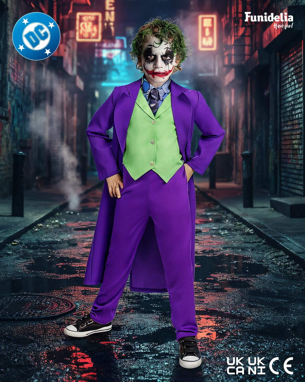 Funidelia Costume Ufficiale di Joker per bambino, Include giacca, gilet con colletto e cravatta e pantaloni, Supereroi, DC Comics - Completo per bambini per feste, Carnevale e Halloween