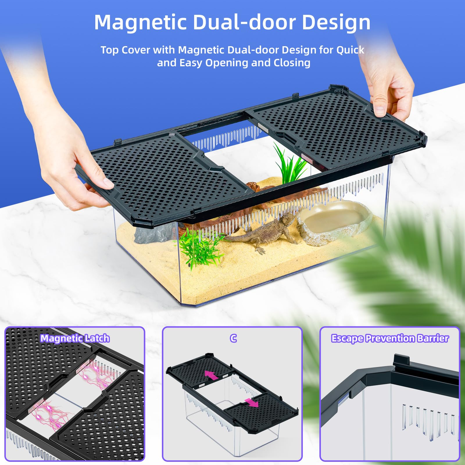 Terrario de alta transparencia para reptiles e insectos con puerta magnética, excelente ventilación, fácil limpieza y construcción fuerte y duradera para geco, tarántula, cangrejo ermitaño (9.3 x 6.2
