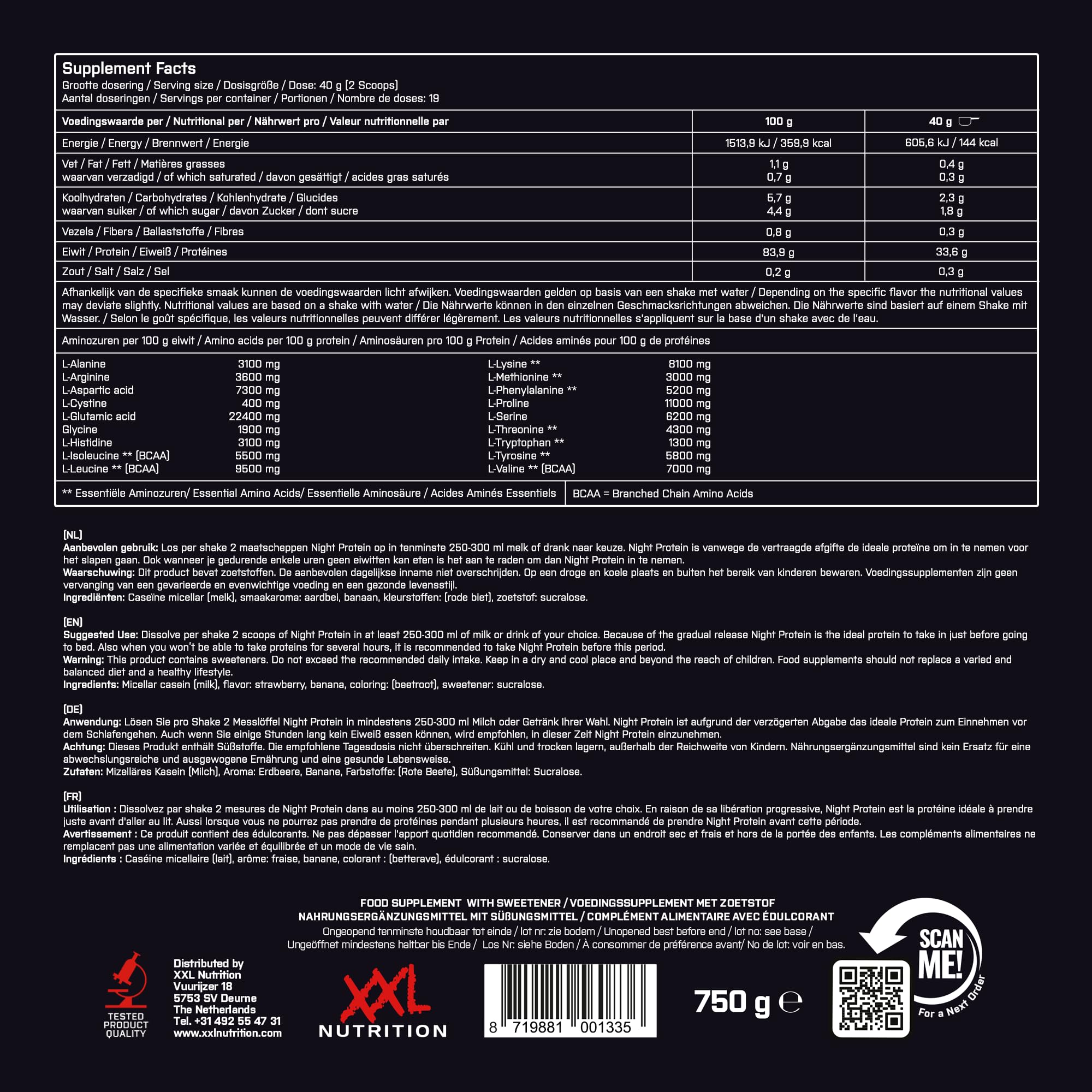 XXL Nutrition - Night Protein - Micellar Casein Protein Pulver - Hochwertiges Kasein Eiweißpulver - Erdbeere/Banane - 750 gram