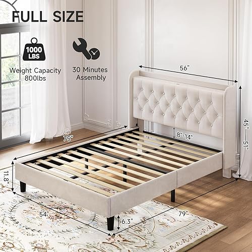 Miniatura 55 de koorlian Marco de cama Queen con plataforma tapizada ajustable de terciopelo con puertos tipo C y USB, cabecera de almacenamiento con respaldo de