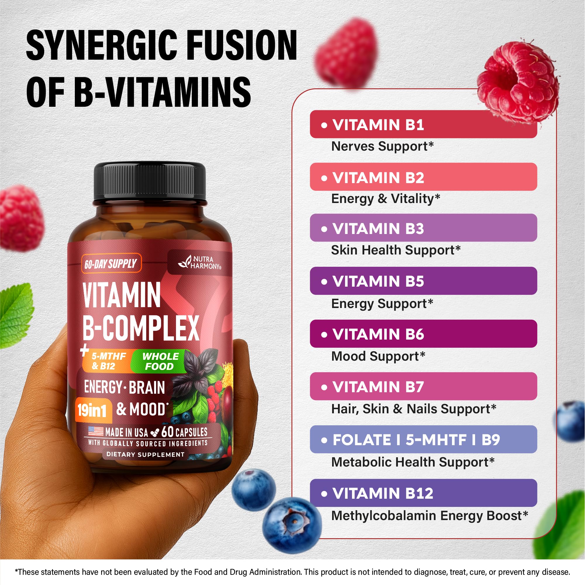 Vitamin B Complex: B1, B2, B3, B5, B6, B7, B12, 5MTHF + Whole Food - 60Caps — Amazon image 7