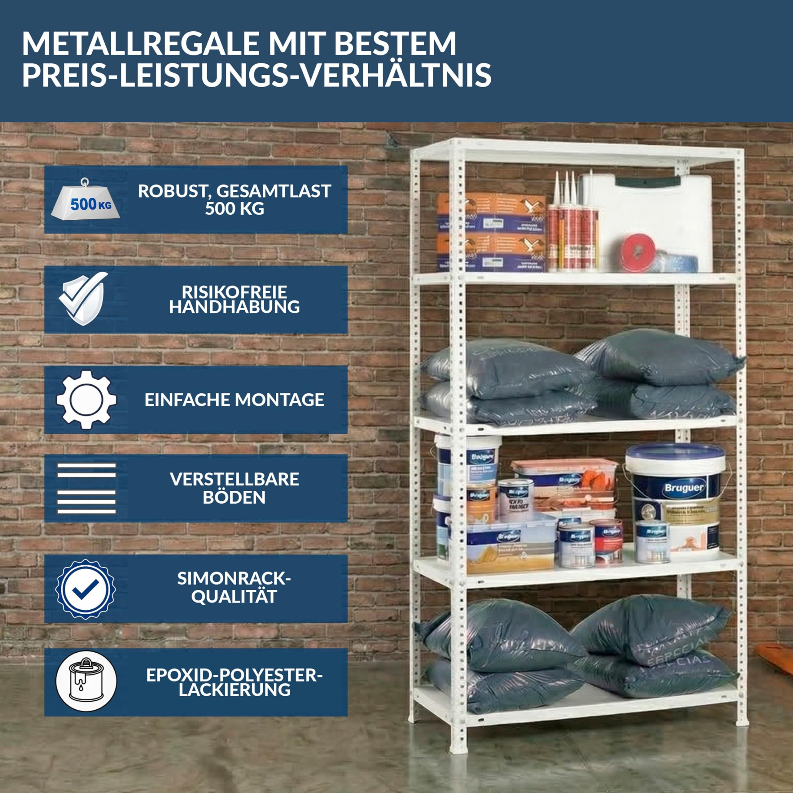 Simonrack Schwerlastregal, Lagerregal, 180x80x50 Metallregal, Kellerregal, Biegestelle 100 kg, 5 Fachböden, Galvanisiert - Comfort