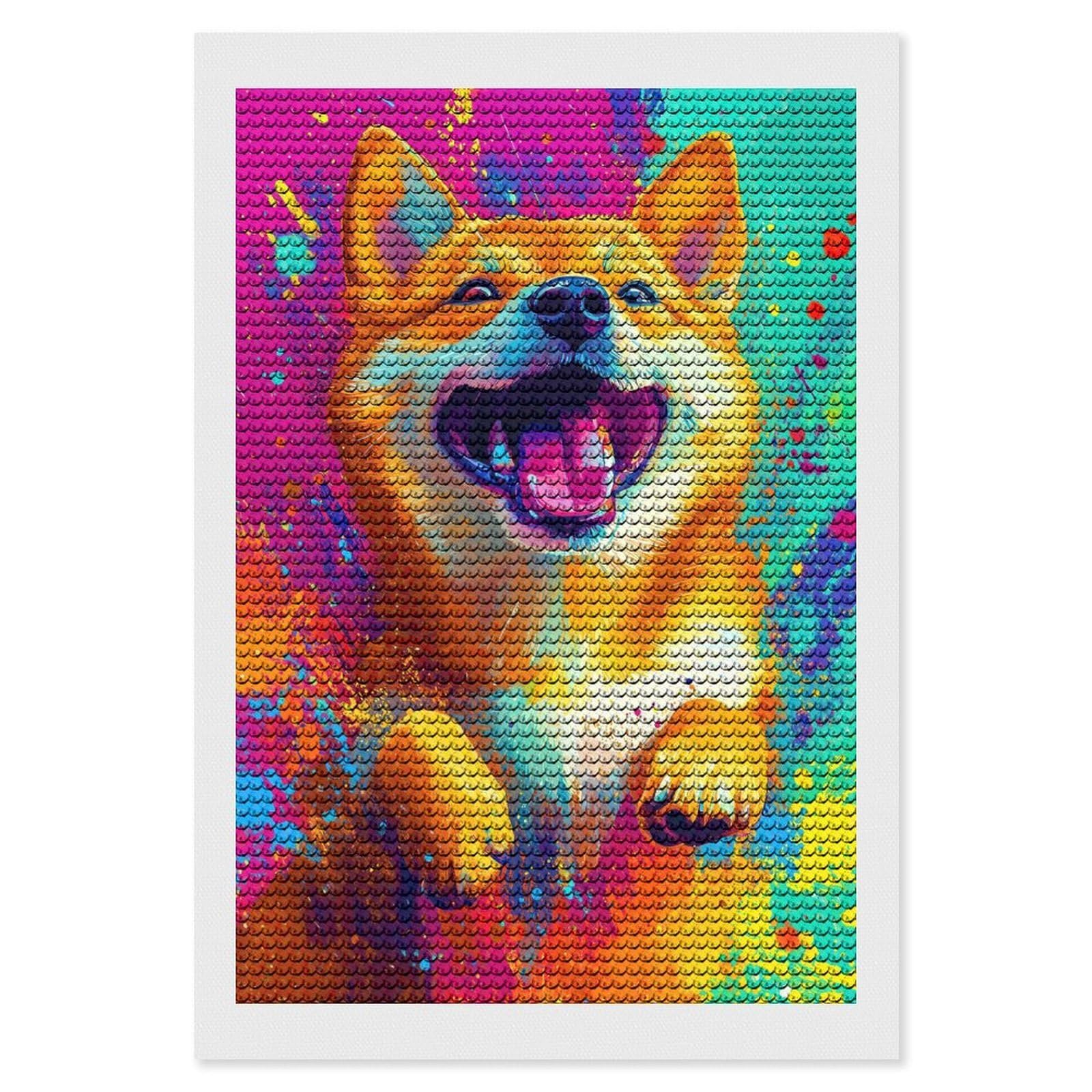 Junmoney Happy Shiba Inu Painting Diamond Painting Canvas Set 8"x12", Full Kit Included, Calming Craft to Unwind, Farmhouse Decor, Christmas Gift