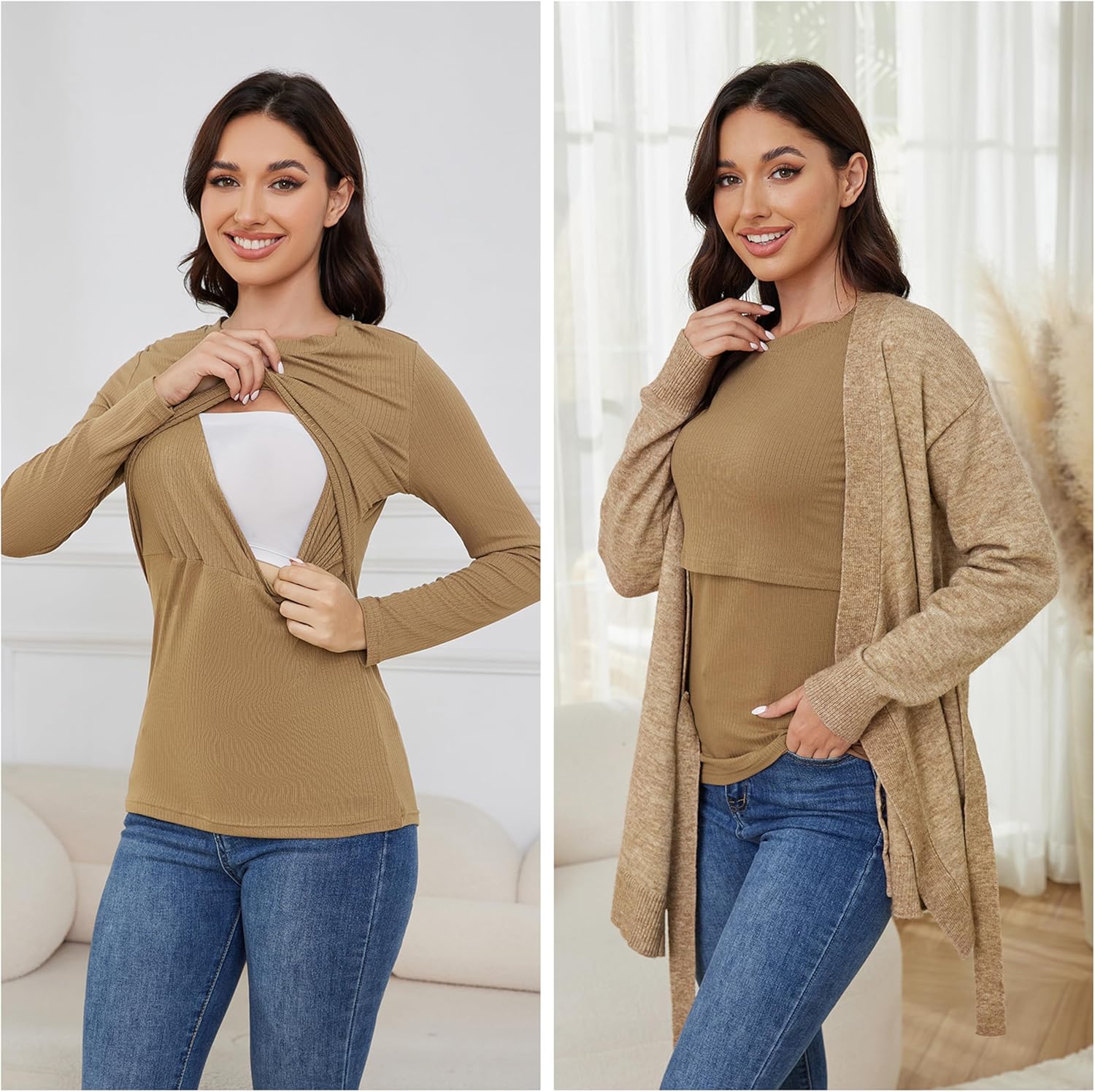 Liu & Qu Women's Nursing Tops Ribbed Long Sleeves Maternity Shirts Double Layer Breastfeeding Shirts Pregnancy Clothes 3 Pack - Image 4