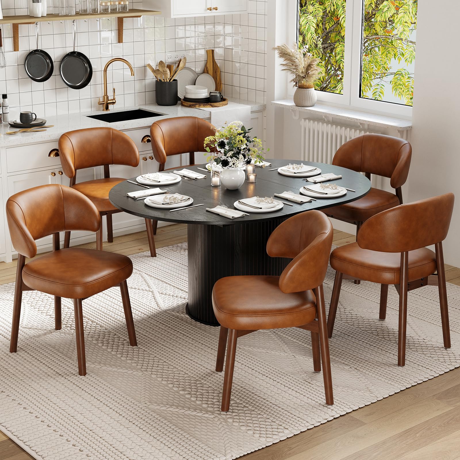 MALOL 47"-63" Extendable Round to Oval Dining Room Table Chairs Set for 4-8, Modern Wooden Kitchen Table and Chairs with Hidden Storage and Fluted Design for Dining Room/Small Space(Black and Brown)