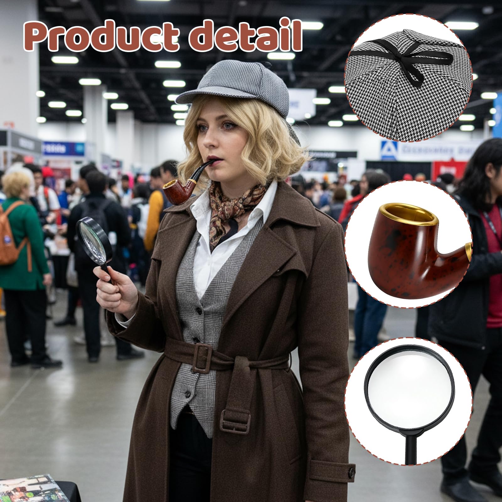 JORcadis 3 Pcs Detective Costume with Deerstalker Hat Fake Pipe and Magnifying Glass, Victorian Detective Accessories Kit - Image 3