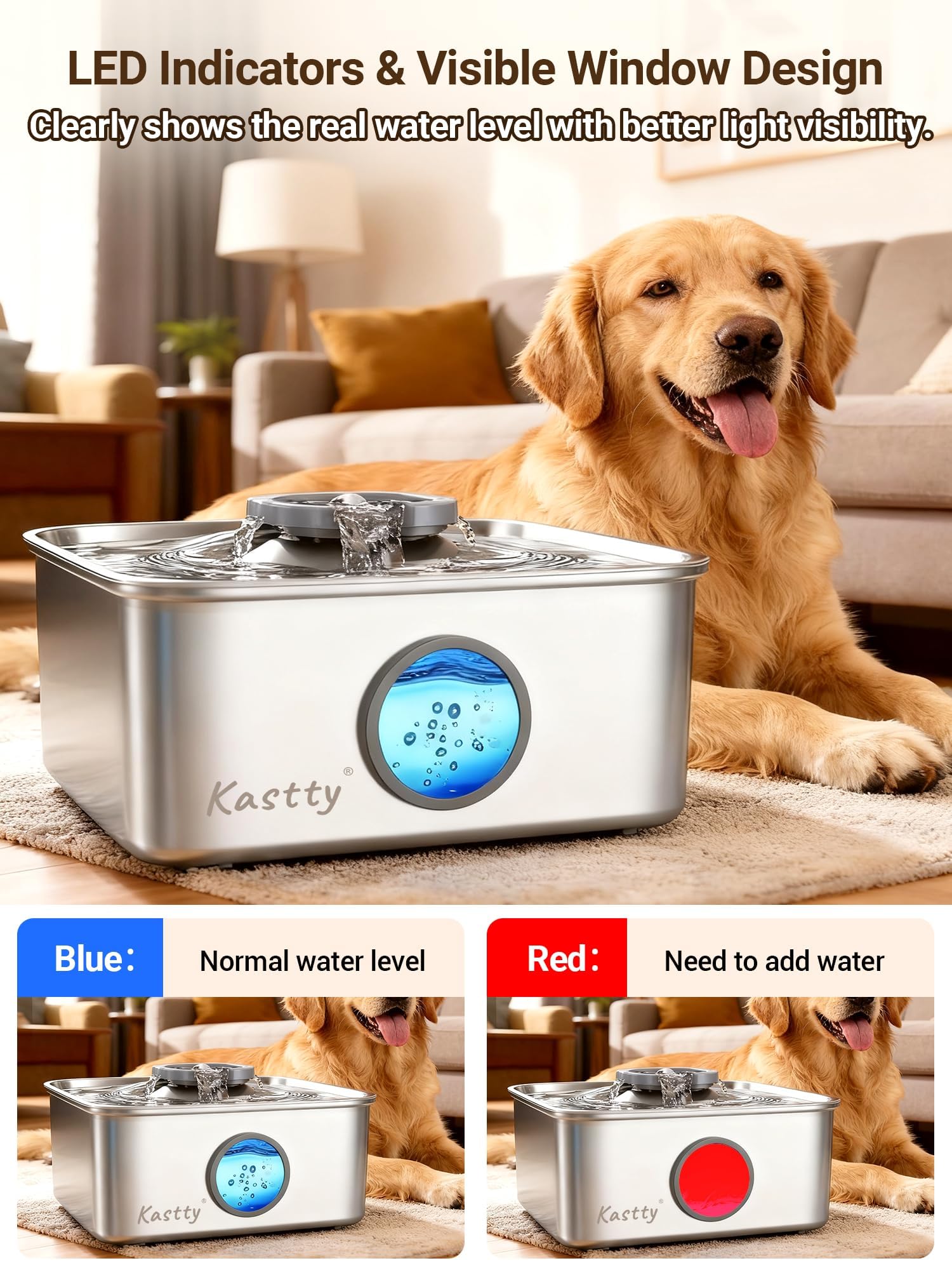 Kastty 15L/4 Gal Dog Water Fountain, Stainless Steel Large Pet Water Fountain with Water Level LED Light, Quiet Automatic Dog Water Bowl Dispenser for Dogs Inside Easy Cleaning FS79 - image 5