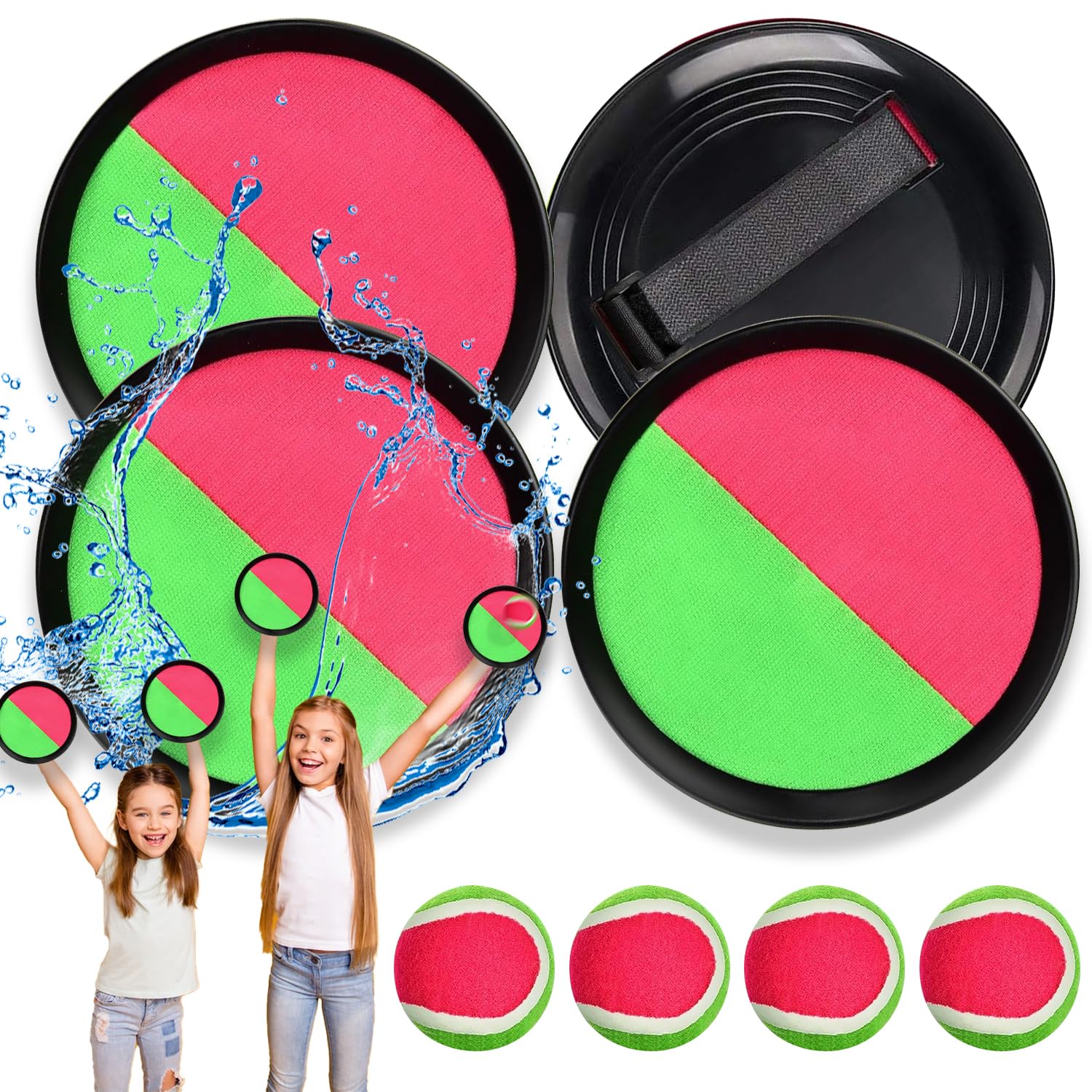 Balle Raquette Scratch Jeux, Jeu Catch Ball and Toss, avec 4 Pagaies et 4 Balles, Raquette De Plage Set pour Enfant De 3 à 12 Ans, Raquette De Plage Set pour Famille Extérieur Sports