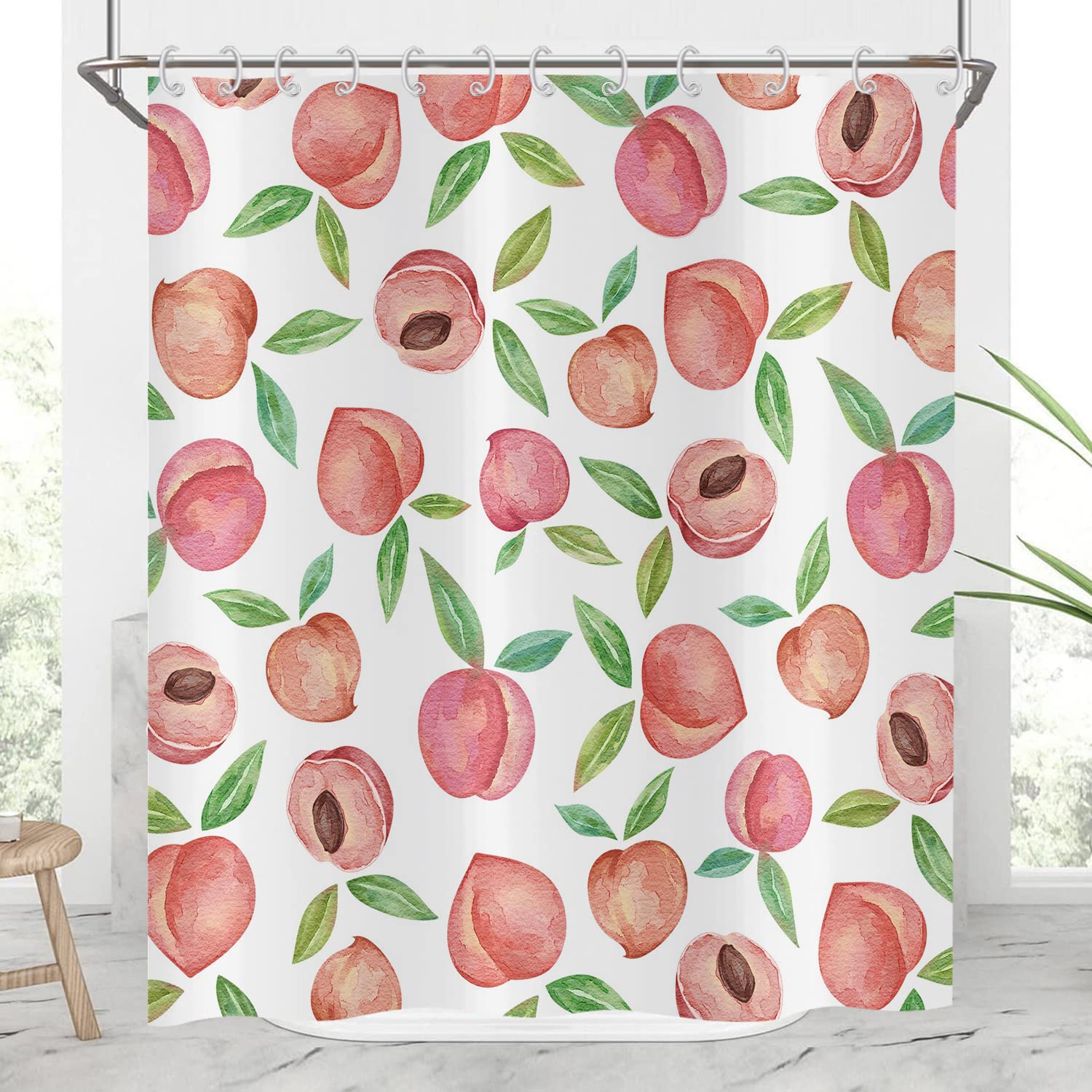 Tenda da doccia Rosa Pesca 180x200, Allover Frutti Verde Foglie Tende da doccia Acquerello Luminoso Colorato Estetica Tenda da bagno Impermeabile Poliestere Tessuto Lavabile Tenda da bagno