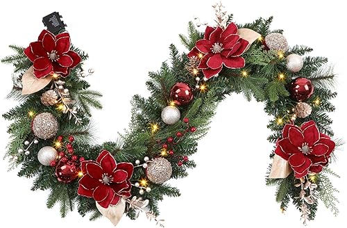 Miniatura 7 de SHareconn Guirnalda de Navidad preiluminada de 8.9 pies con luces LED multicolor, temporizador que funciona con pilas, incluye bola de flor de