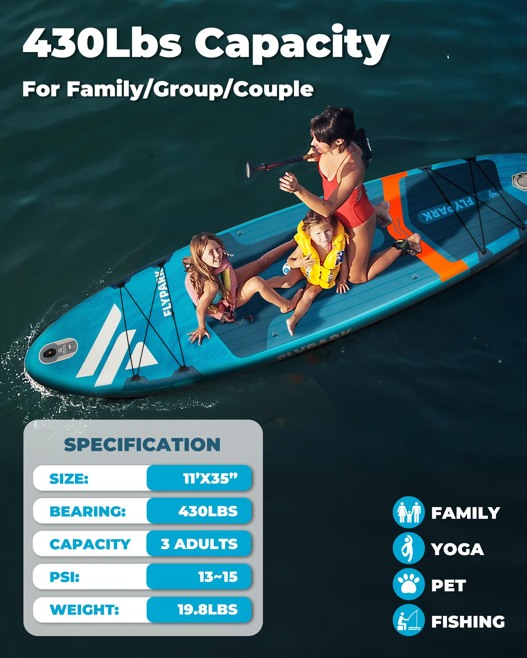 Flypark Tabla de Remo Inflable Estable de Pesca y Familia de 10 pies 8/11 x 35 Pulgadas, Tabla de Remo Inflable Extra Ancha, rodamiento de 430 Libras, Tabla de Remo de pie, Soporte de cámara, Correa