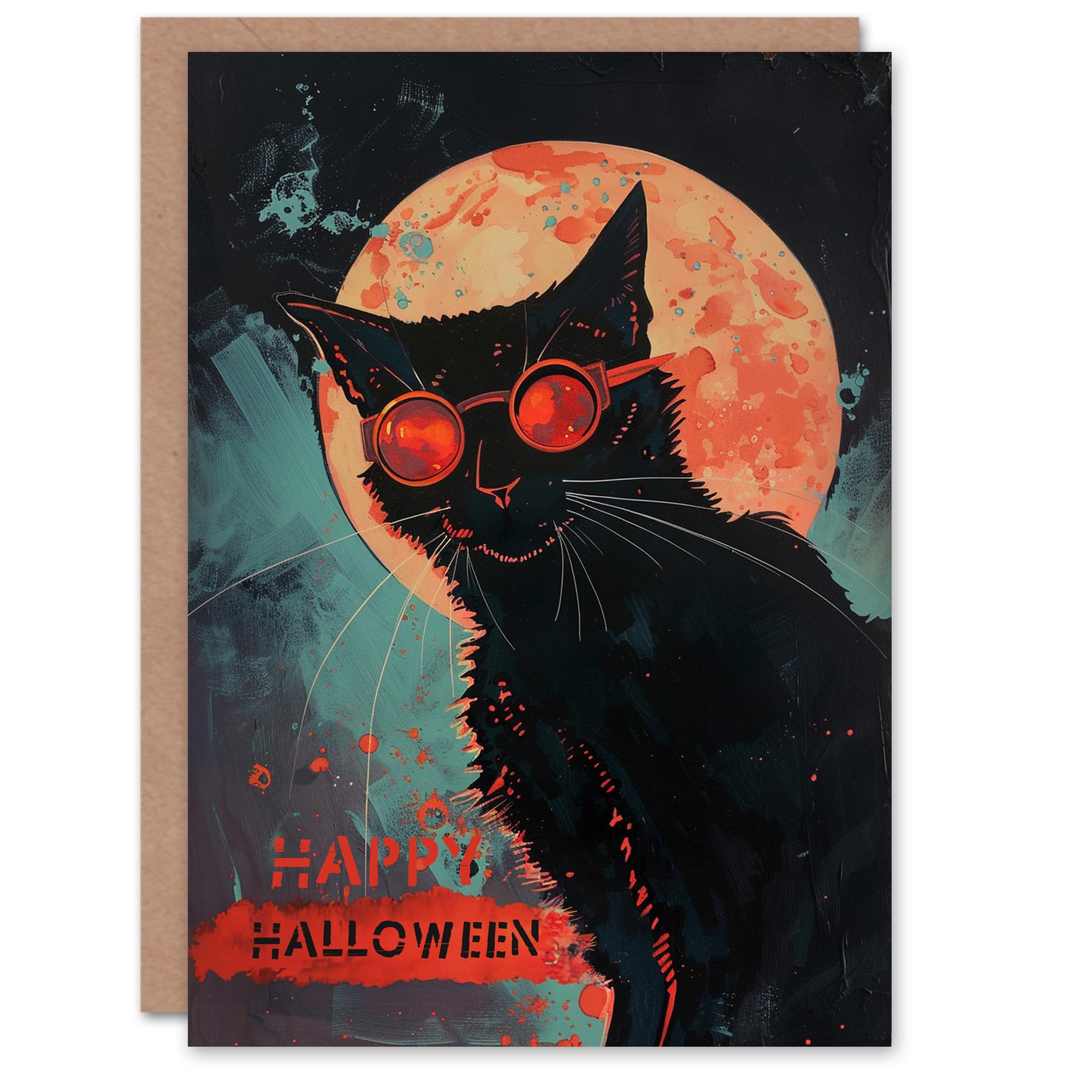Goggles Kitty Moon Cat Lover Vintage Pulp Sci Fi Halloween Card