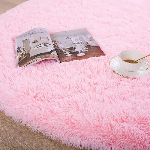 Miniatura 5 de Alfombra redonda rosa para dormitorio, alfombra circular esponjosa de 4 pies para habitación de los niños, alfombra suave antideslizante, alfombra